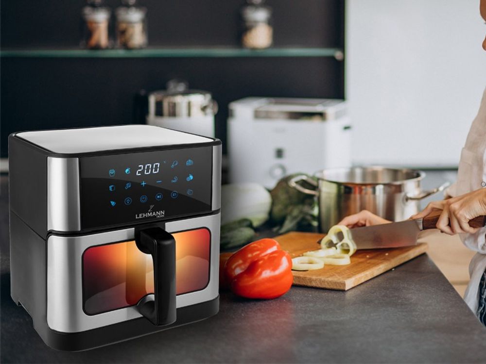 LEHMANN Heißluftfritteuse, Airfryer 1800 W, Kapazität 10L, 80°-200°, 12 Programmen, mit Sichtfenster - Backen und Frittieren Ohne Fett
