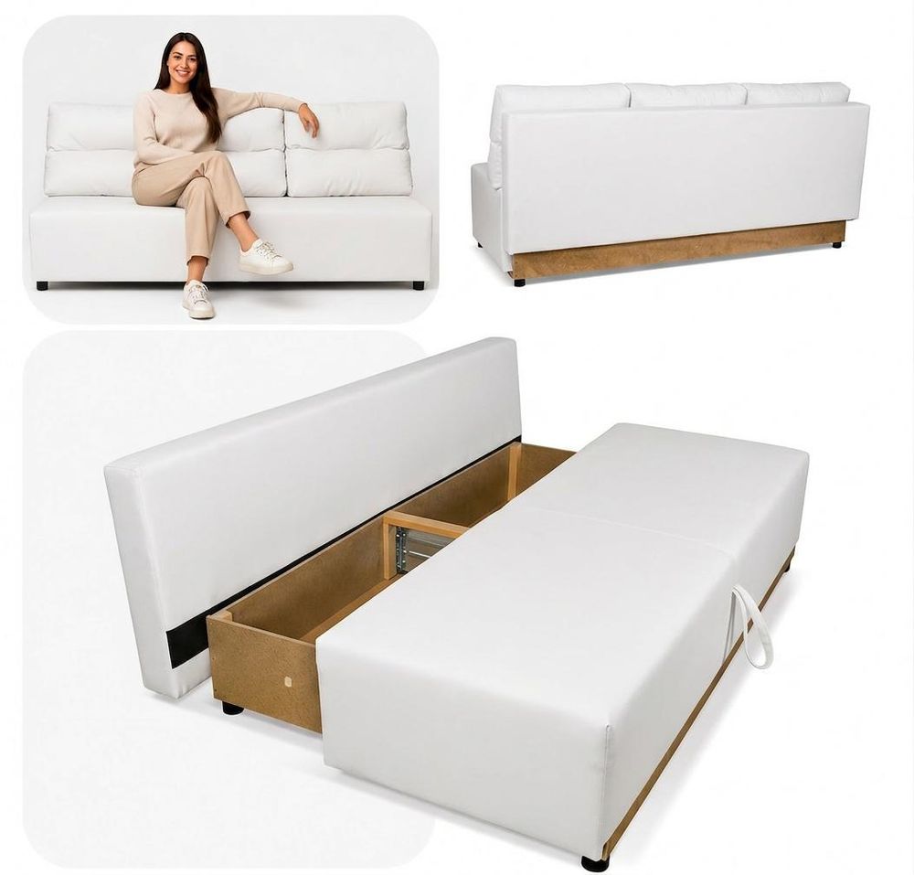Schlafsofa KIMO Boston – mit Schlaffunktion und Bettkasten, Kunstleder in Weiß, Family Meble