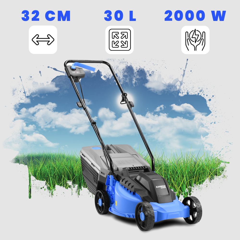 Kanwod elektro Rasenmäher 1200 W mit 32 cm Schnittbreite, 30 L Korb, 3-stufige Schnitthöhenverstellung 30/50/70mm, für Rasenflächen bis 500 m²