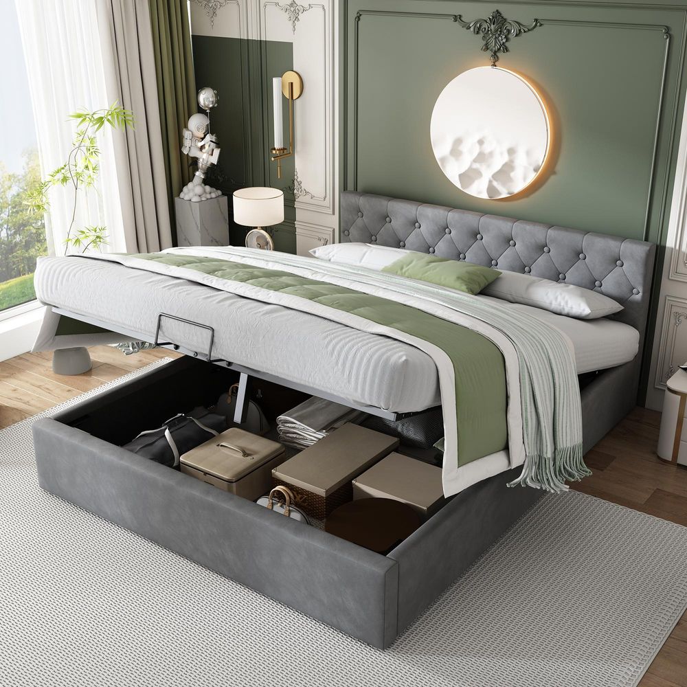 Merax Hydraulisches Boxspringbett 140x200cm mit Bettkasten, Samt Polsterbett mit Lattenrost und Stauraum, Stauraumbett Funktionsbett Doppelbett, Grau