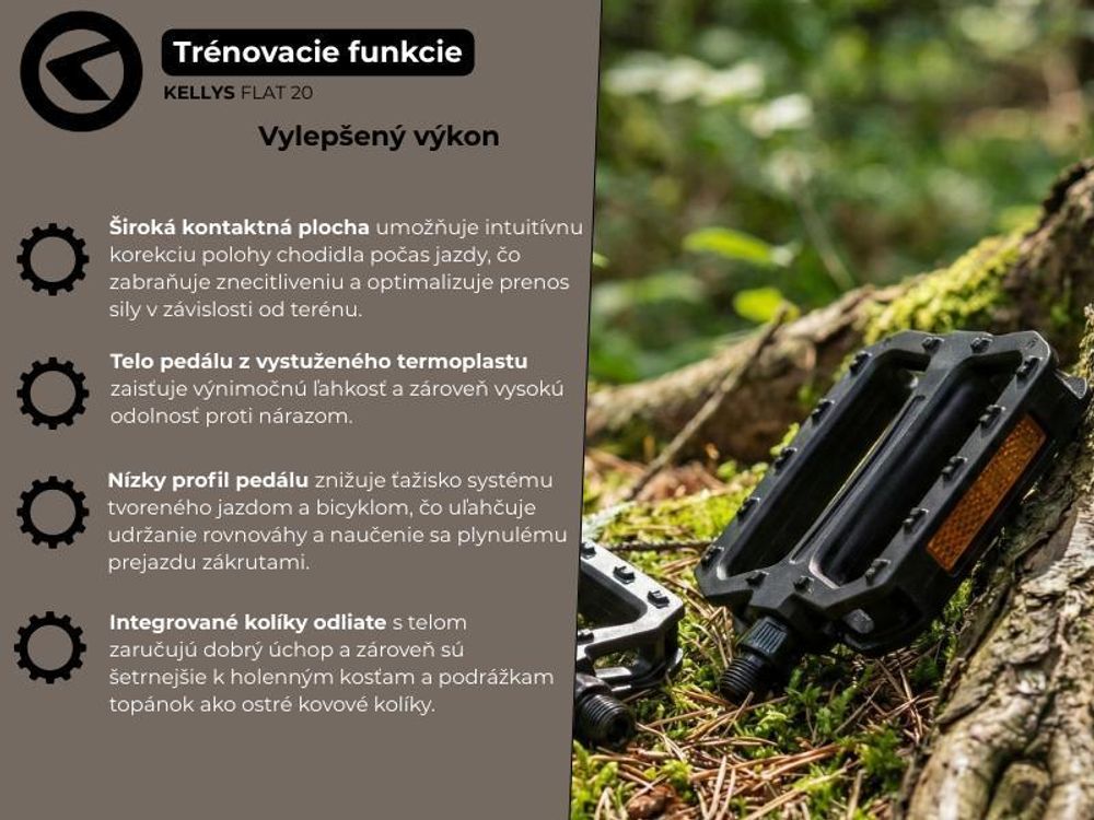 Kellys KLS FLAT 20 - ľahké platformové pedále z termoplastu pre bicykle BMX a mestské bicykle, s oceľovou osou a ložiskami SPB