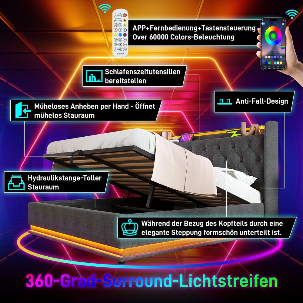 Flieks Polsterbett 140x190cm mit Ladefunktion (USB&Typ-c), Jugendbett Doppelbett Stauraumbett mit LED, Hydraulisches Boxspringbett, Leinen, Grau