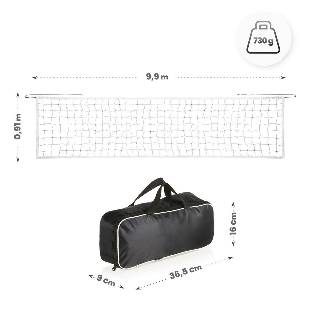 Abmessungen eines Volleyballnetzes (9,9x0,91m) und der Transporttasche (36,5x16x9cm), Gewicht 730g