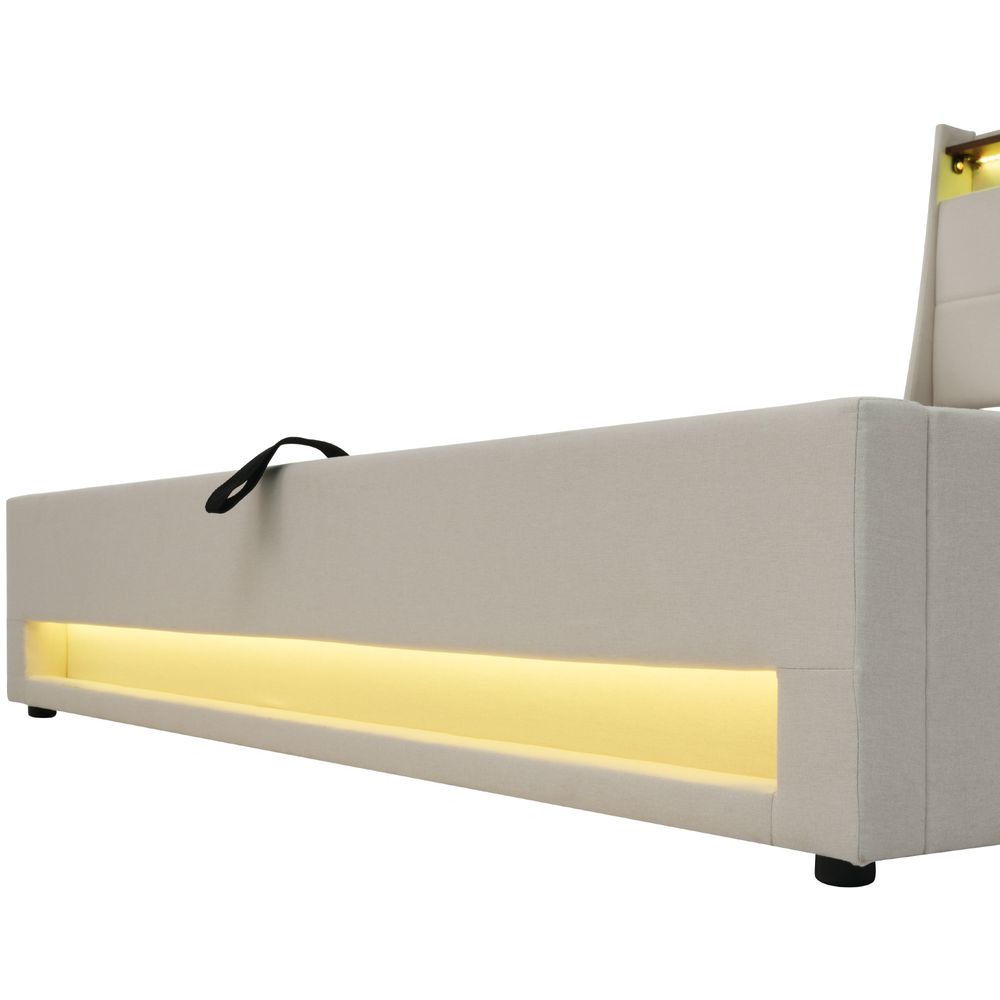 okwish LED Polsterbett 140x200 cm, Einzelbett mit USB, Jugendbett mit Metallrahmen Lattenrost, Bettgestell aus Leinen, Beige (mit Matratze)