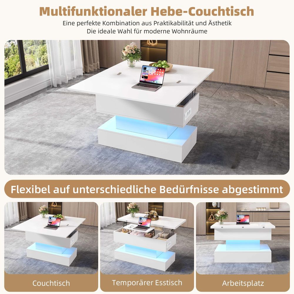 STILVORA Couchtisch mit LED-Beleuchtung,Höhenverstellbarer Sofatisch Wohnzimmertisch mit Steckdose,Beistelltisch Kaffeetisch mit Stauraum,weiß