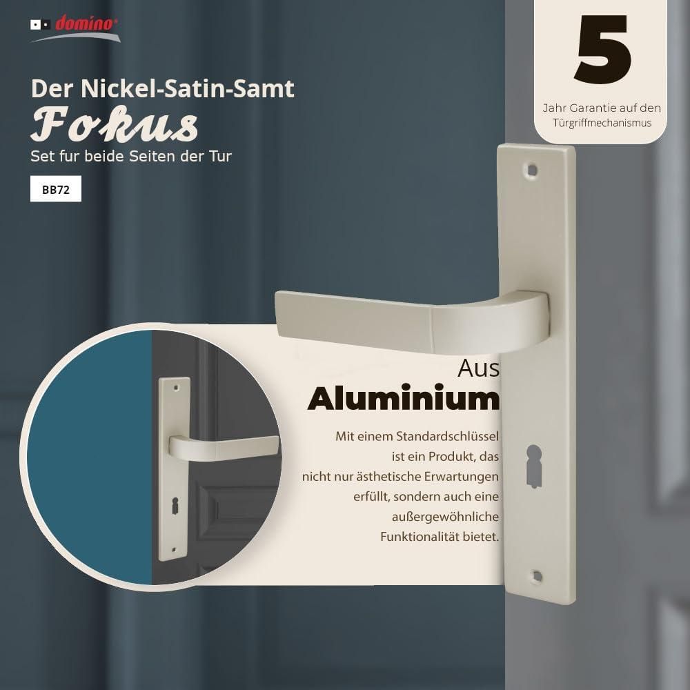 DOMINO Türgriff 72 Drückergarnitur BB-Buntbart Set | Langschildgarnitur | Türklinke für Zimmertür, Bürotür, Kellertür & Innentür | L-Form | Türbeschläge aus Aluminiuml | Satin Nickel Velvet Türdrückergarnitur |  FOKUS M91