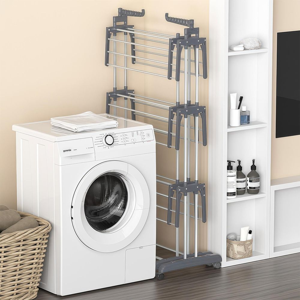 Wäscheständer Wäschetrockner Wäscheturm Kleiderständer Klappbar Ständer Zweistufiger Teleskop-Wäschetrockner mit Rollen 83*64*176cm