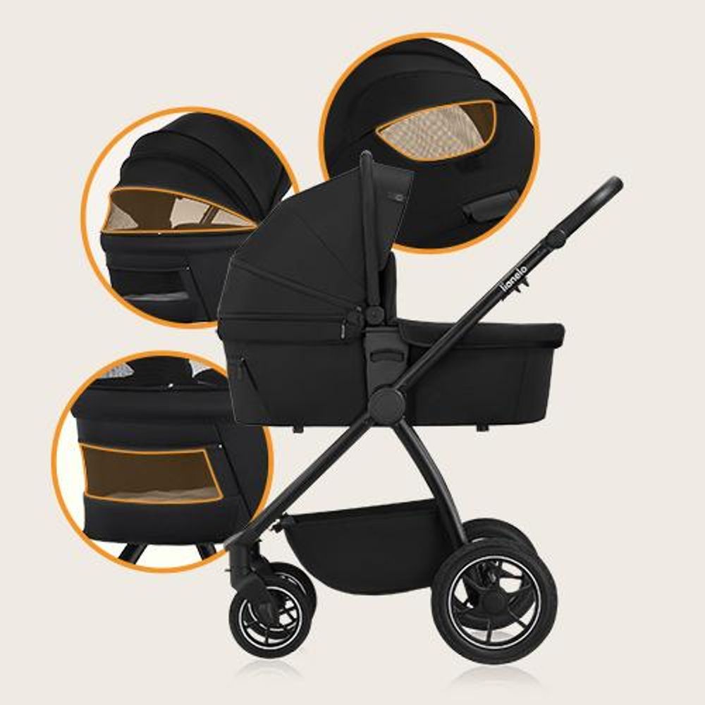 Lionelo Kombikinderwagen Meril 2in1 Babywanne bis zu 9 kg, 0-48 Monate bis zu 22 kg, Geländeräder 360°, Vollfederung, XXL-Verdeck - Black