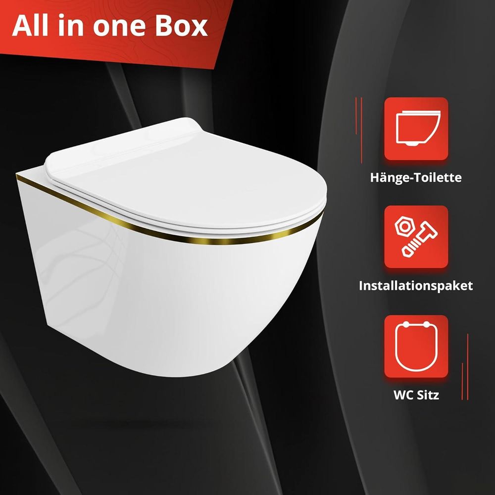 Lavita LAV 101 Vorwandelement für WC 40cm + Wand Hänge Tiefspül WC SOFI SLIM GOLD LINE Spülrandlos + Bedienplatte LAV 200.3.5 Gold | Komplettset | Unterputz Spülkasten | Toilette Komplett Sett