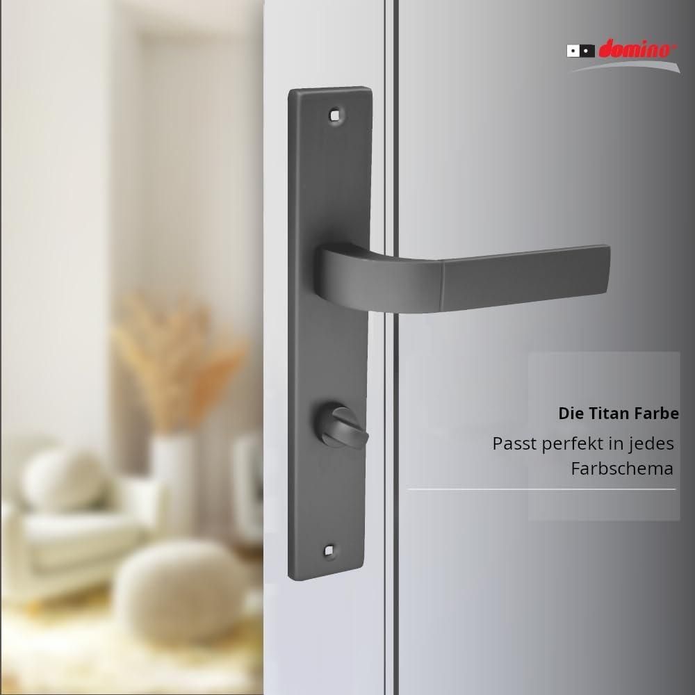 DOMINO Türgriff 78 Drückergarnitur WC - Badezimmer Set | Links & Rechts Türbeschlag für WC/Badezimmertüren | L-Form | Türbeschläge aus Aluminium | Titan Türdrückergarnitur   FOKUS M8