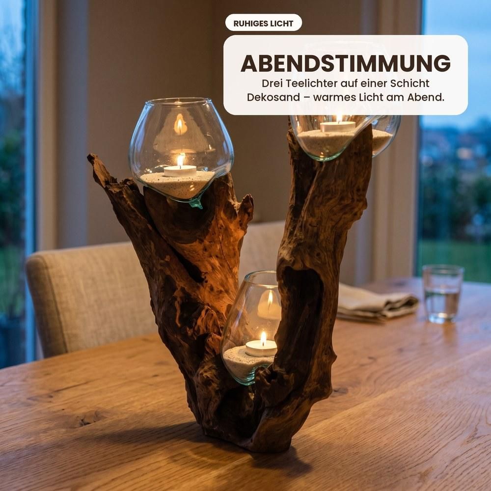 Wurzelholz-Skulptur mit 3 Glasgefäßen, ca. 55 cm: Als Windlicht