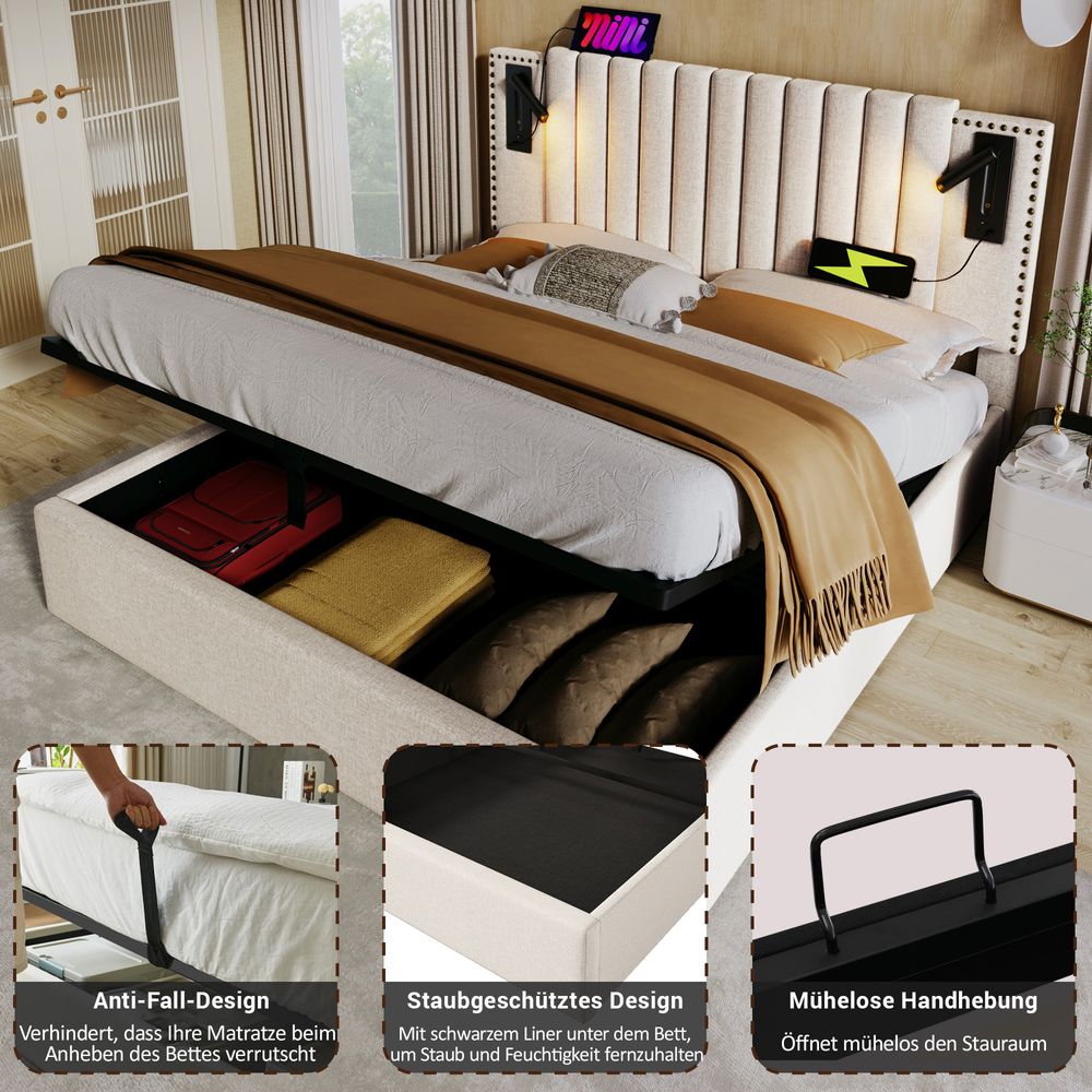 Flieks Polsterbett 160x200cm mit Leselampe, Doppelbett Stauraumbett Boxspringbett mit Ladefunktion (USB, Typ-C), Jugendbett mit Lattenrost, Baumwolle