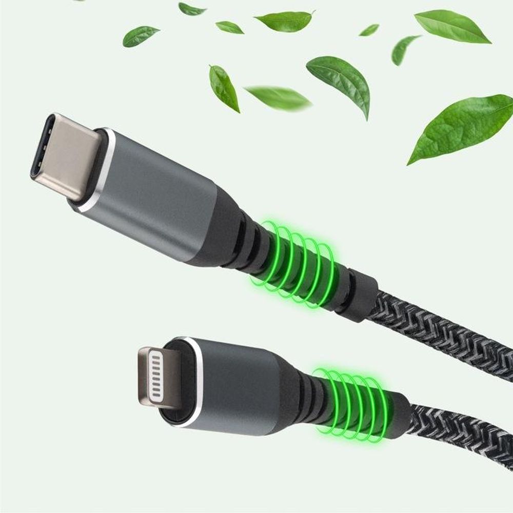 QUALO Recycling USB-C/Lightning Kabel 2,4 A 1 m QRC-CL-01 Schnellladung 27 W, langlebig, knickfest