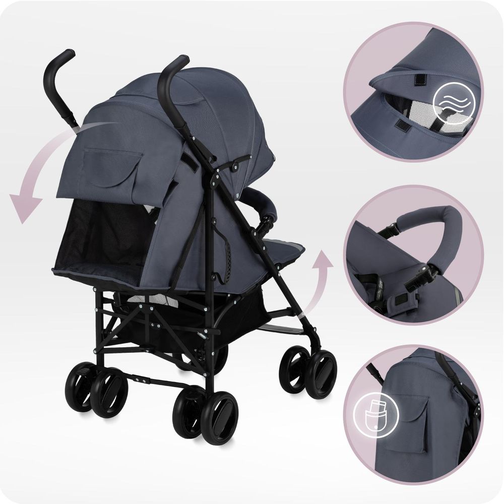 MoMi AKIRA – Ultraleichter Baby Kompaktbuggy 6,7 kg mit verstellbarer Rückenlehne & Drehbügel, inkl. Tasche & Moskitonetz, bis 15 kg – Grau