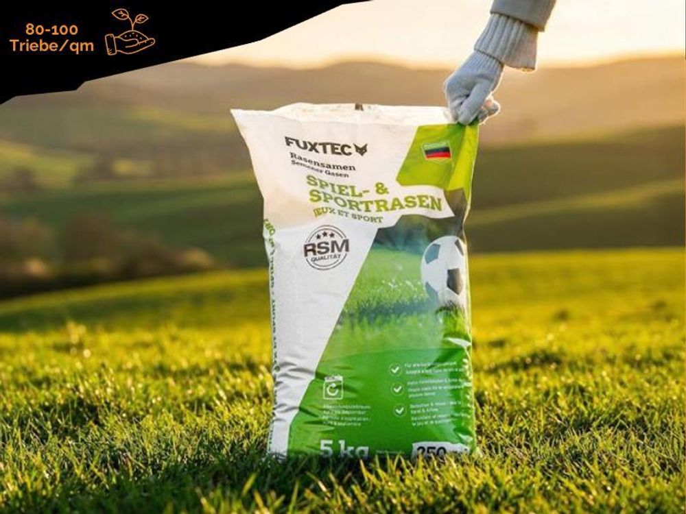 FUXTEC Rasensamen Spiel- & Sportrasen FX-RSSP5 | robuster Gartenrasen | hohe Keimfähigkeit | 5 kg für ca. 250 m²