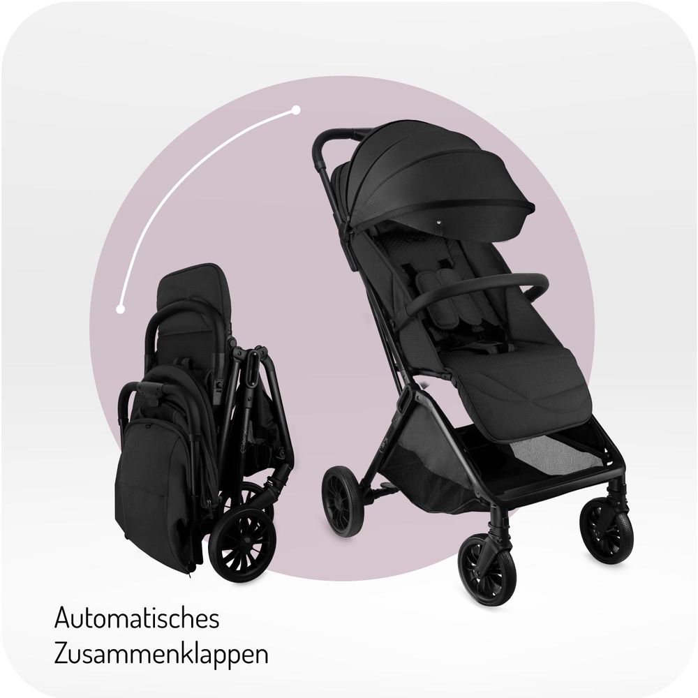 MoMi ANDREA – Ultraleichter Baby Kompaktbuggy 7,3 kg mit automatischer Faltung & Drehbügel, bis 22 kg, inkl. Rucksack & Zubehörset – Schwarz