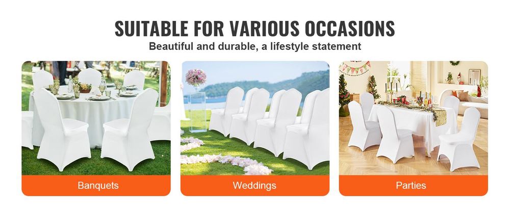 VEVOR Stretch Elasthan Faltstuhlbezüge, Universelle Passform mit gewölbter Vorderseite, Abnehmbare Waschbare Schutzbezüge, für Hochzeit, Feiertag, Bankett, Party, Feier, Essen (100 Stück Weiß), Bogen-Front Weiß-50 Stück