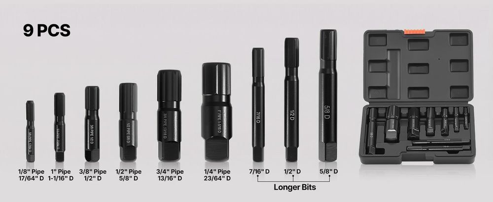 VEVOR Rohrauszieherset (9-tlg.) Rohrauszieher aus Cr-Mo-Stahl, mit Aufbewahrungskoffer, zum Entfernen Beschädigter Gewinderohre und -Fittings von 3,2 bis 25,4 mm, für Installateure und Mechaniker