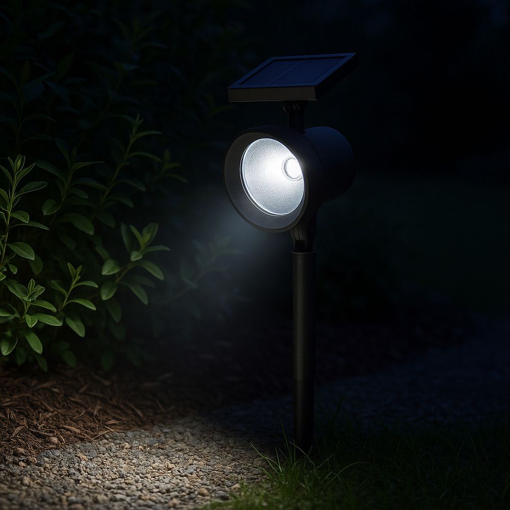 Schwarze Solar-Gartenleuchte beleuchtet nachts Weg und Sträucher.
