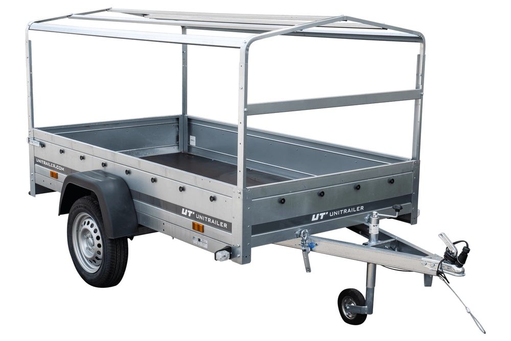 Auto Anhänger 230x125 Garden Trailer 230 KIPP Unitrailer 750 kg mit Stützrad, blauer Hochplane und Hochspriegel