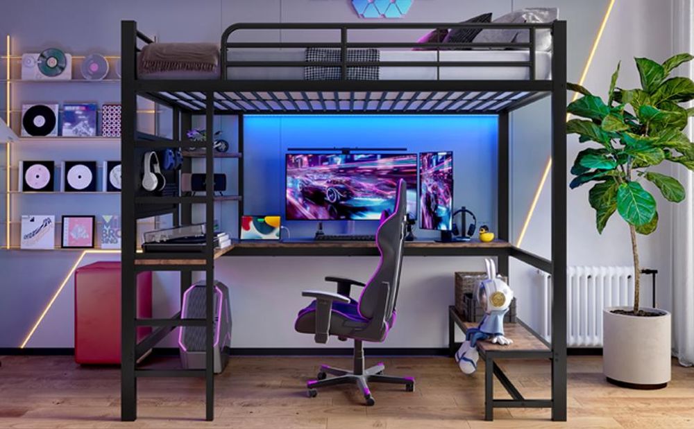 Merax Etagenbett Hochbett 90x200 cm, mit Schreibtisch, Lochbrett, Ablagen, Eisenbett mit LED-Leiste, USB & Type-C, Kinderbett, Stockbett, Schwarz