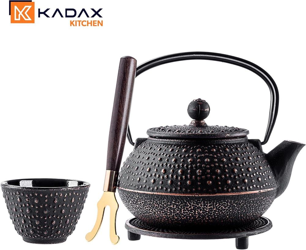 KADAX Gusseiserner Kessel mit Teetassen, Japanischer Teeservice aus Gusseisen Schwarz