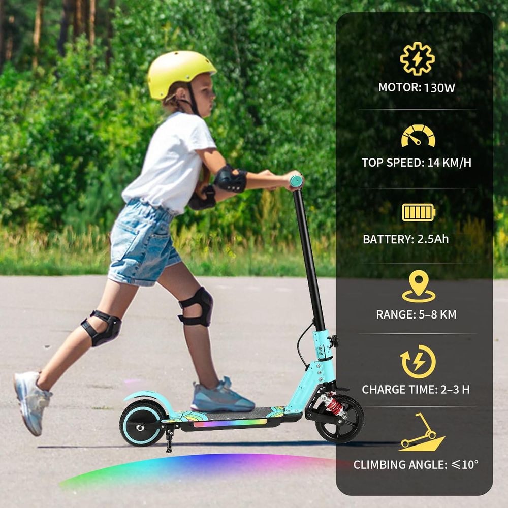 Elektroroller Kinder mit Schutzausrüstung, Elektroscooter Für 6–12 Jahre, 130W, 14 km/h, 5–8 km, LED Licht, Stoßdämpfer, Klappbar E-Scooter Himmelblau