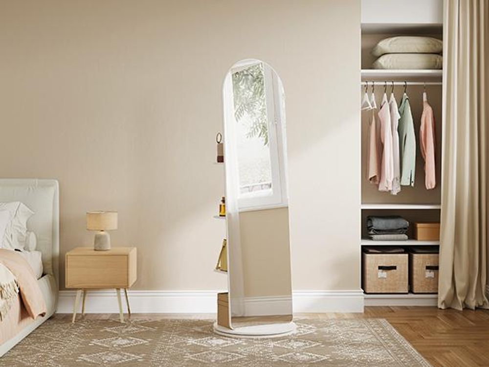 SONGMICS Spiegel 360° drehbar, mit Haken und Ablagen, Standspiegel für Wohnzimmer und Schlafzimmer, Hartglas, gewölbt, weiß