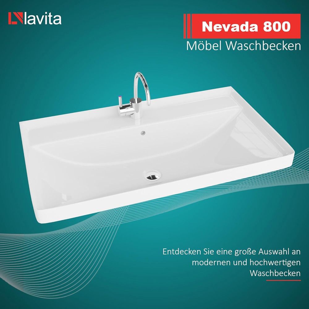 LAVITA Möbelwaschtisch Nevada 800 | Möbelwaschbecken | Waschbecken mit Überlauf und Hahnloch | Aus hochwertigem Porzellan | Waschtisch | 81x47x21 cm | Weiß Glanz
