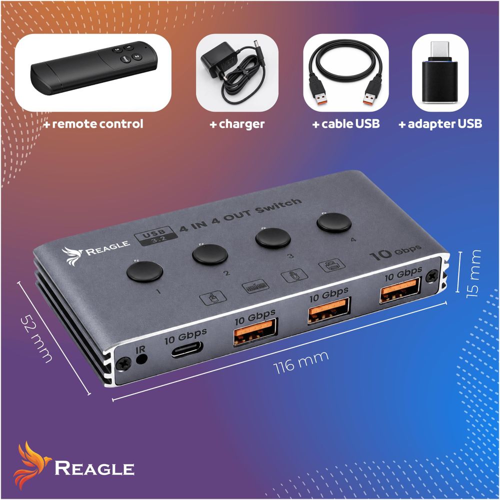 USB 3.2 10 Gbit/s KVM-Switch 4x4 mit Fernbedienung, 4 USB-Anschlüsse, Hub-Adapter von REAGLE
