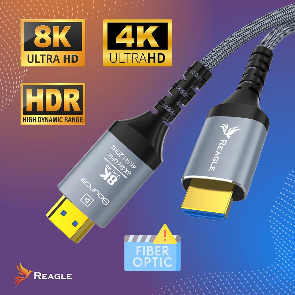 Optisches HDMI 2.1 Kabel 20m Glasfaser AOC 8K 60Hz 4K 144Hz 48Gbps Unidirektional Ultra High Speed für PS5 Xbox TV Monitor Geflochten Reagle