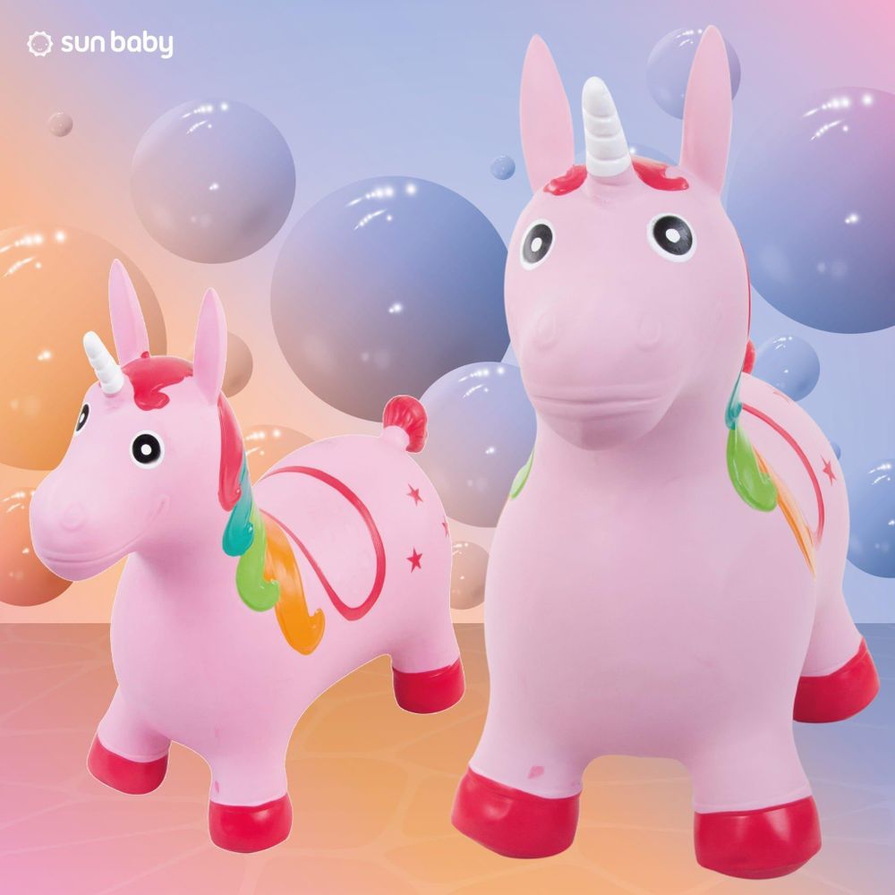 Dos unicornios saltarines rosa perlado en diferentes posiciones.