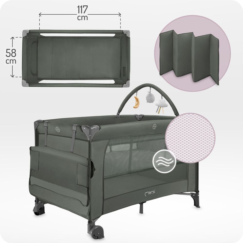 MoMi BELOVE PLUS – Kinderreisebett mit Wickelauflage, Matratze & Transporttasche | Klappbar & mobil – Dunkelgrün