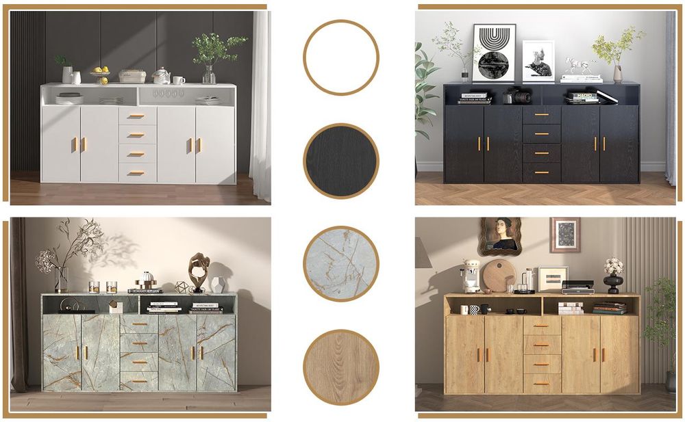 HOMAVO BG1-L Sideboard – Modernes Design für Wohnzimmer, Flur oder Esszimmer, 4 Schubladen, 2 Türen, 2 offene Fächer, pflegeleichte Melaminoberfläche