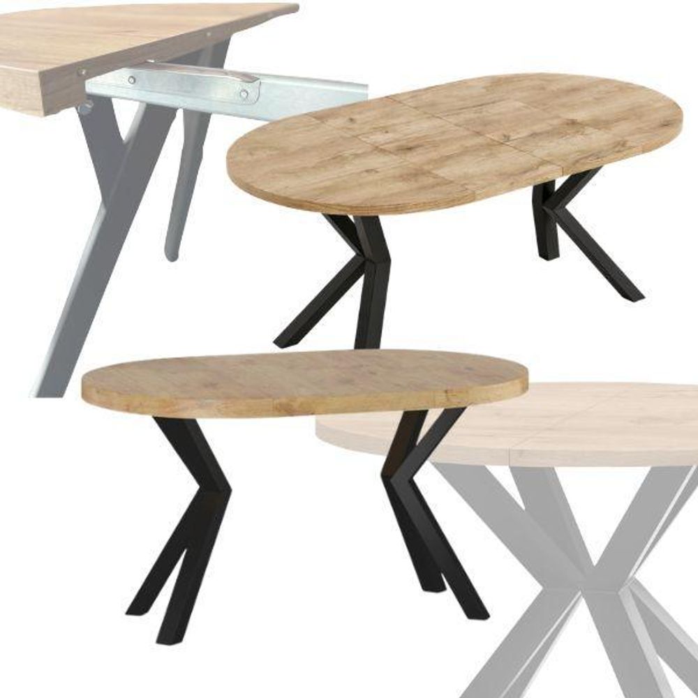 Runder Ausziehbarer Tisch für Esszimmer RAL mit Holzbeinen, Loft-Stil, Industriel, Durchmesser: 100 / 200 cm, Farbe: Weiß