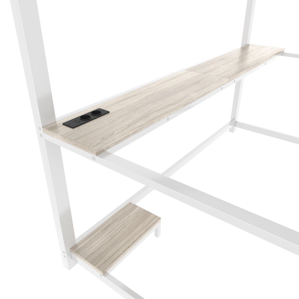 MODFU  Hochbett, 90x200cm  Kinderbett  Metallbett Jugendbett fernbedienbares Ambientelicht, Computerkonsolenablage, Schreibtisch, Steckdose+USB, Geländer, Treppe, Ohne Matratze, Weiß