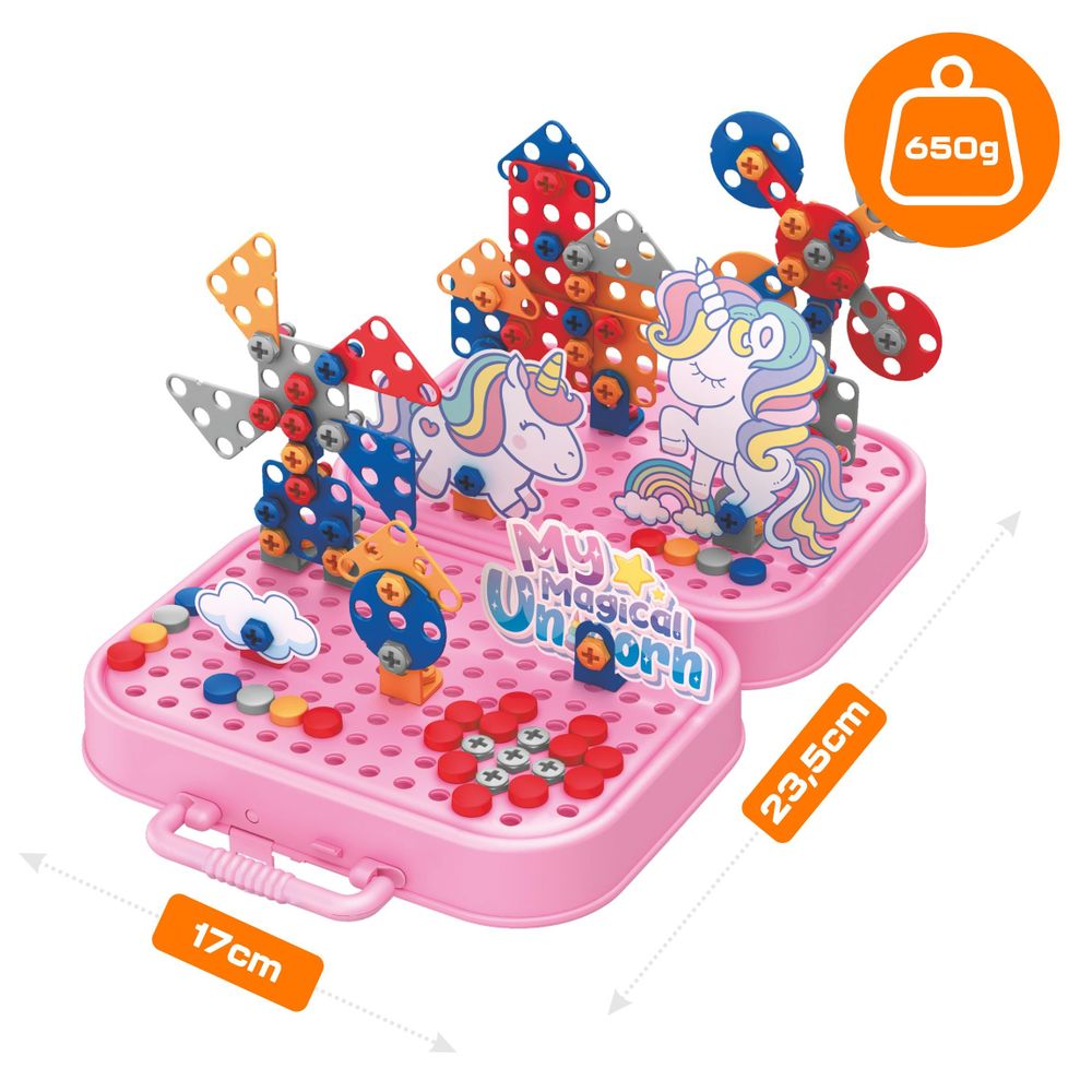 Einhorn Konstruktionsspielzeug 228 Teile, Montessori Werkzeugkasten mit Elektroschrauber, 3D Mosaik Steckspiel ab 3 Jahren, EVI TOYS Unicorn