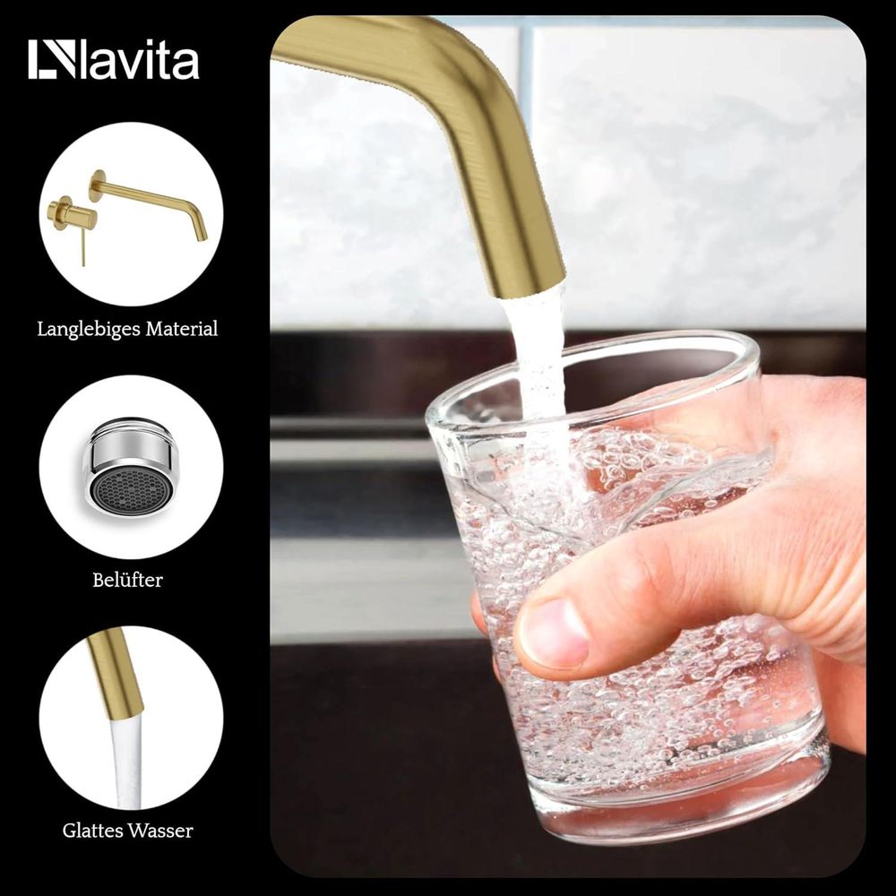 LAVITA Waschtischarmatur Unterputz für Wandmontage - Orion Brushed Gold | Wasserhahn Bad für Wandmontage | Mischbatterie für Waschbecken | Einhebelmischer Waschtisch-Armaturen Badezimmer |