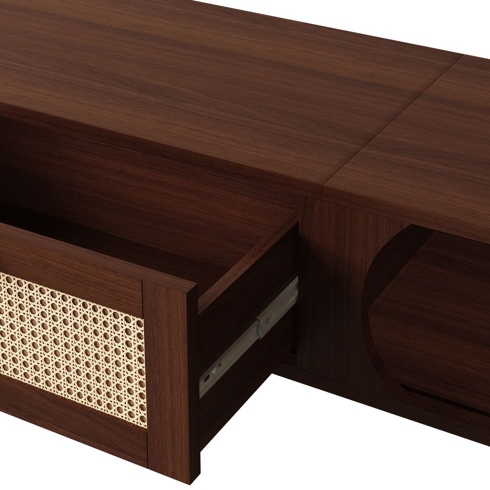 MODFU TV-Schrank aus Holz, TV-Sideboard mit Rattanschubladen, Lowboard mit Türen im Schiebetür-Design,Natur