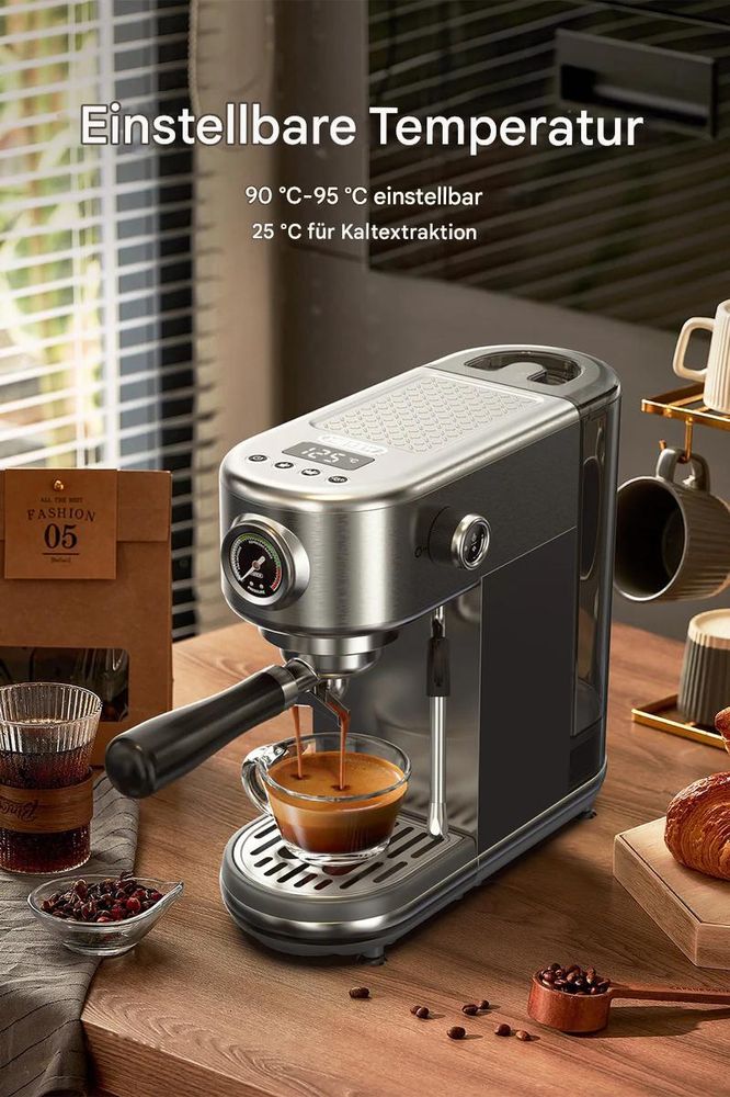 HiBREW H10B Espressomaschine, 20 Bar Druck, Einstellbare Temperatur und Tassenmenge, 51 mm Griff, 1,3 L Wassertank, Silber
