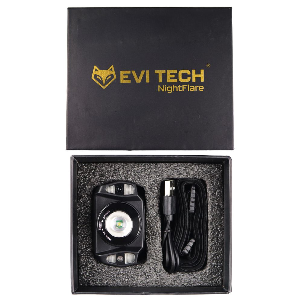 LED čelovka dobíjecí, 360 lm čelovka s ovládáním gesty a zoomem, červené světlo a vodotěsnost IPX4, 1800 mAh baterie, EVI TECH NightFlare
