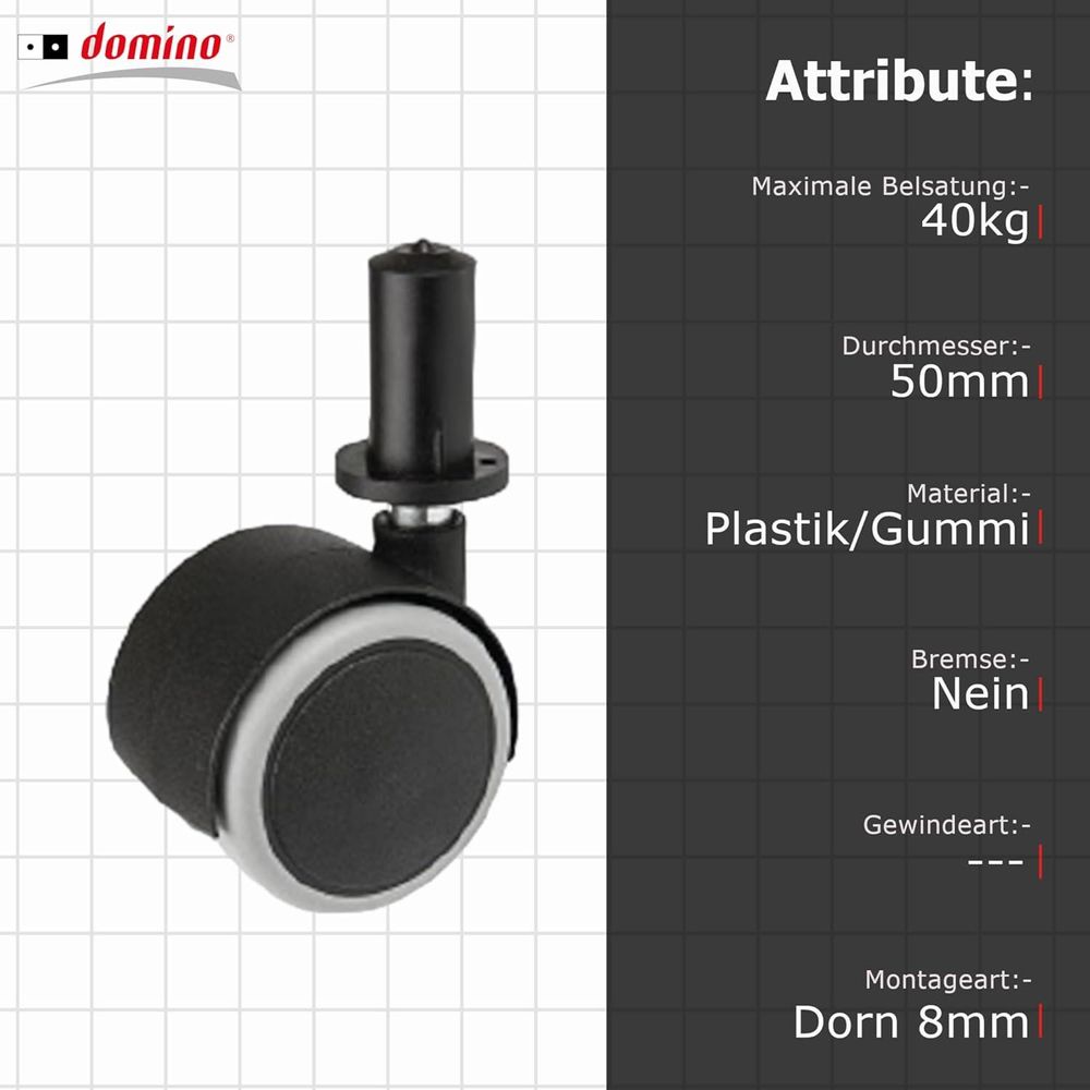 Möbelset, Dorn 8mm, mit Hülse Durchmesser 50mm/40kg, für Parkett | Möbelrad | Räder für Möbel, Bürostuhl, Beistellbett, Schreibtischstuhl, Hocker | Stuhl-Rad | Schwarz