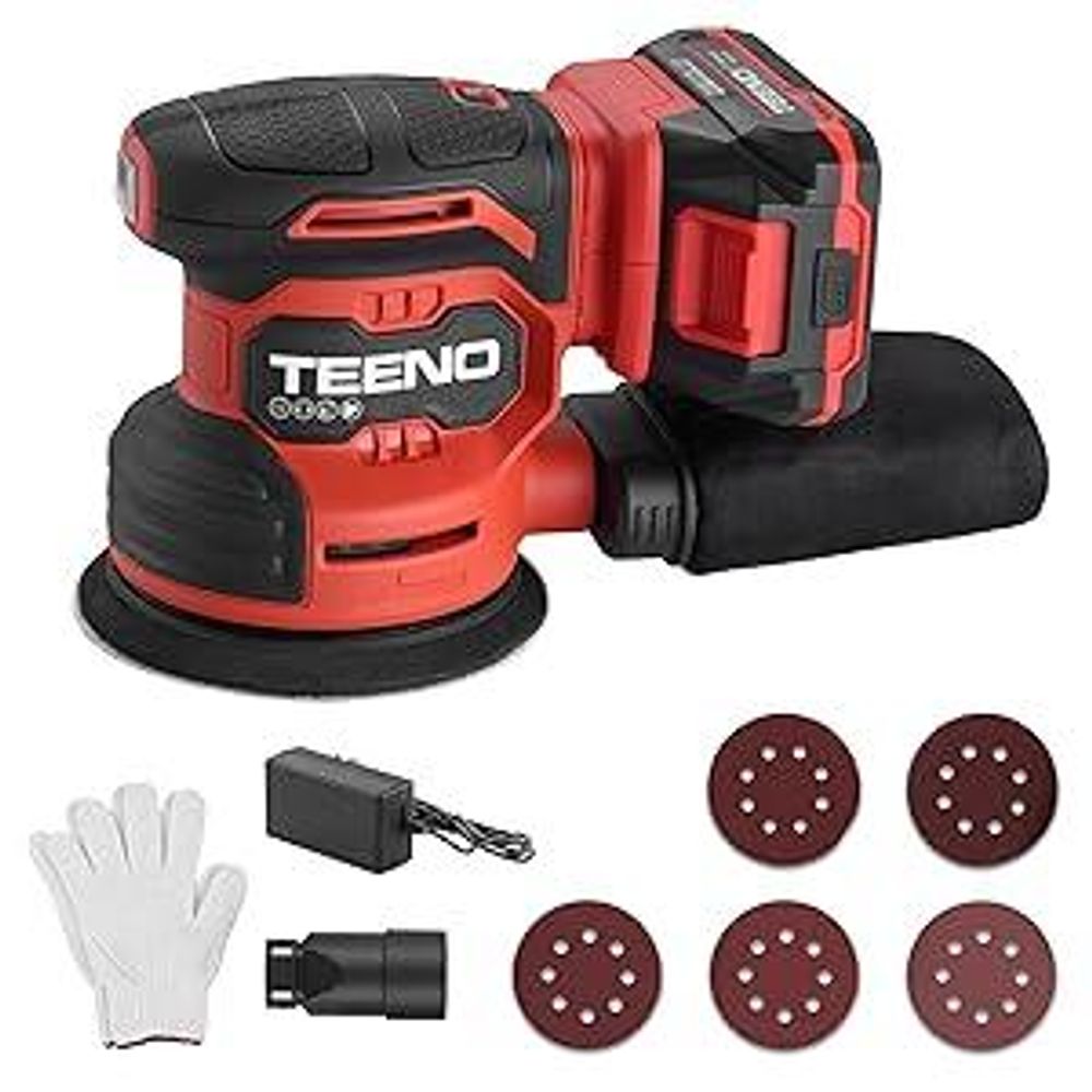 TEENO Ponceuse Orbitale 125 MM 20V, Ponceuse éLectrique sans fil, 13 000 Spm, Avec 25 Papiers De Verre, Collecteur De PoussièRe