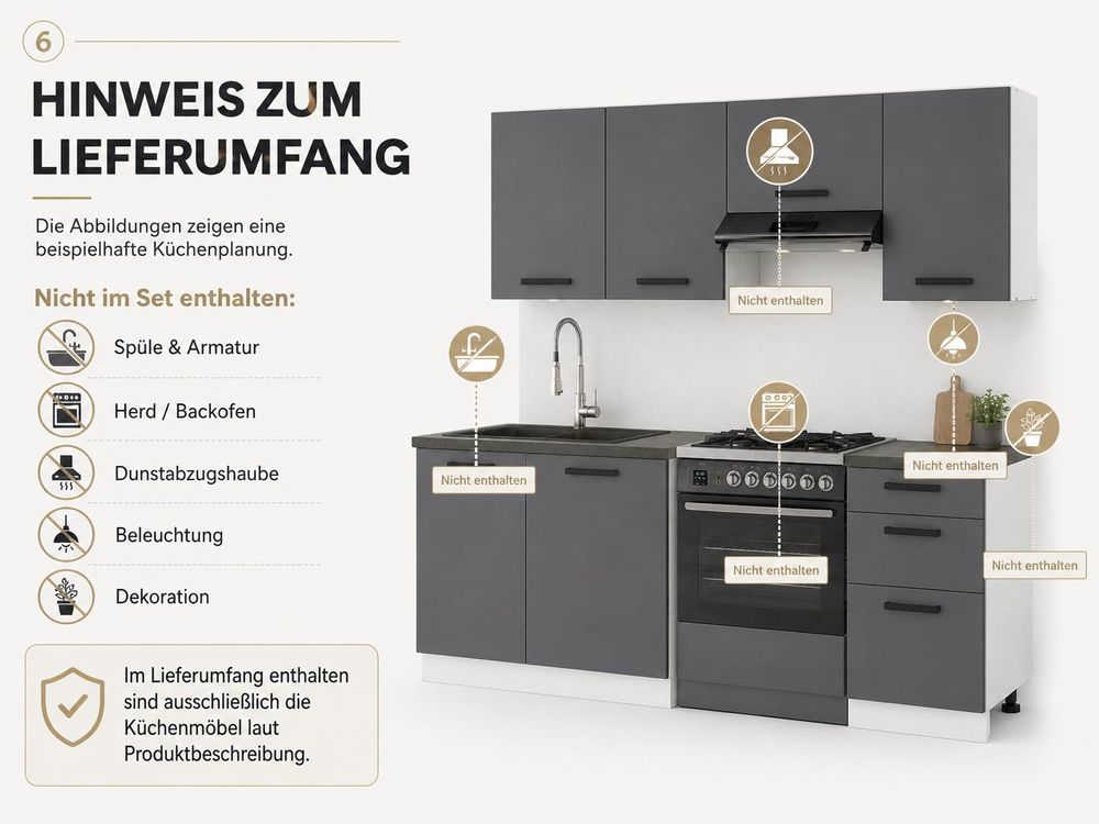 Hinweis zum Lieferumfang der ULWEHOME Küchenzeile ohne Elektrogeräte