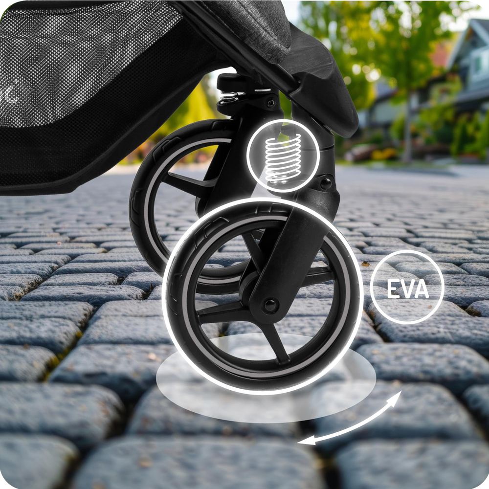 MoMi MIYA EVA – Ultrakompakter Kompaktbuggy mit Einhand-Faltung, XL-EVA-Rädern, verstellbar, inkl. Zubehör & Sonnenverdeck – Grau
