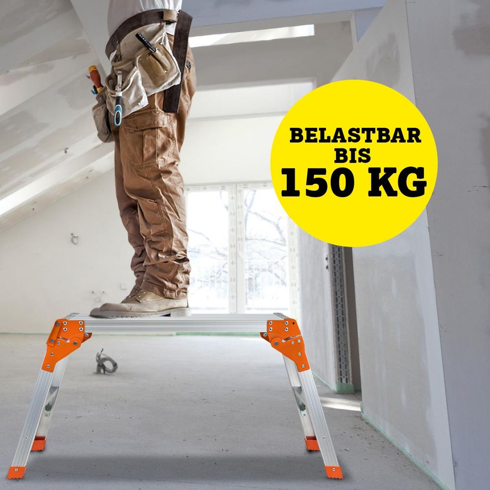 Craftfull Arbeitsplattform CF-107A | Arbeitsbühne - Klappbar - Anti-Rutsch - Aluminium - Mobil - Klappwerkbank - Podest - 150 kg (Silber/Schwarz)