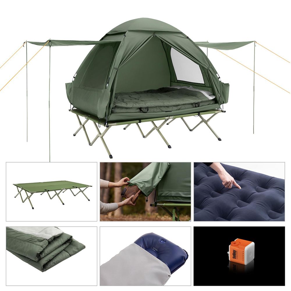 SoBuy Campingzelt Feldbett mit Zelt 2 Personen 7in1 Wurfzelt mit Luftpumpe Rolltasche Schlafsack Vorzelt Wasserdichtes Campingbett Grün OGS32-L-GR