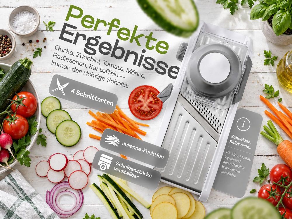 Die Mandoline macht es Dir leicht, abwechslungsreich zu kochen.