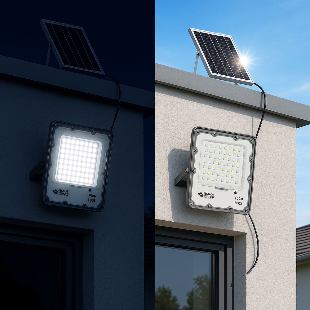 Heller Solarstrahler beleuchtet Hausfassade, betrieben mit Solarpanel auf dem Dach.