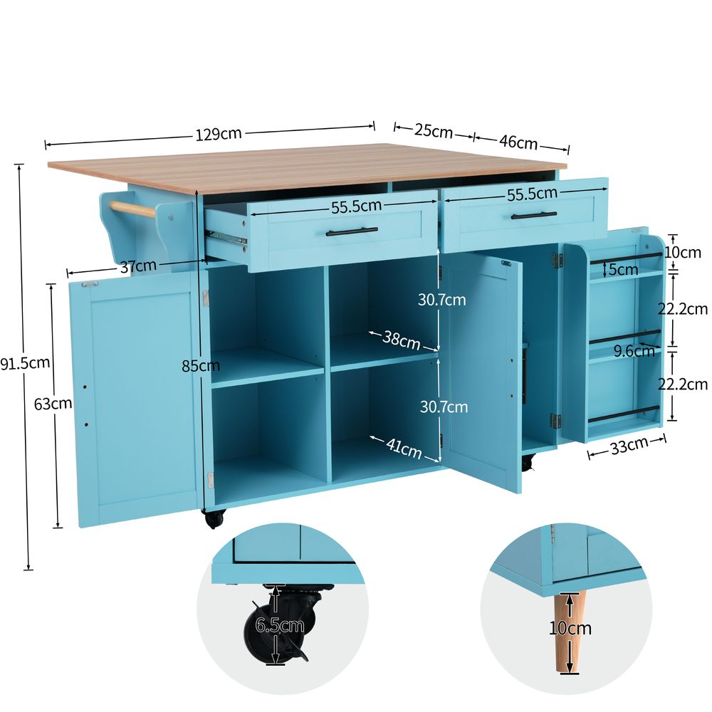 Flieks Servierwagen Kücheninsel mit 2 Schubladen, Küchentrolley Speisewagen mit Klappbar Arbeitsplatte, Küchenwagen mit Regal, 129x46-71x91.5cm, Blau